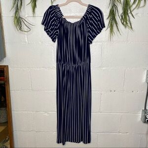 Gianni Bini Navy Blue & White Striped Off The Shoulder Midi Dress Size Large